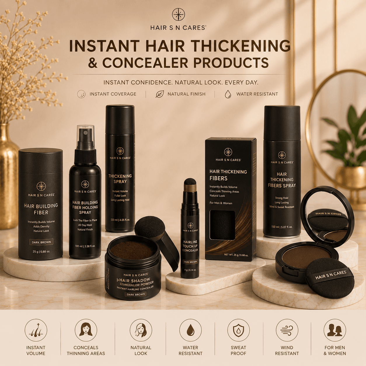 Hair cosmetics — instant hair thickening, root concealer, scalp coverage and volume products